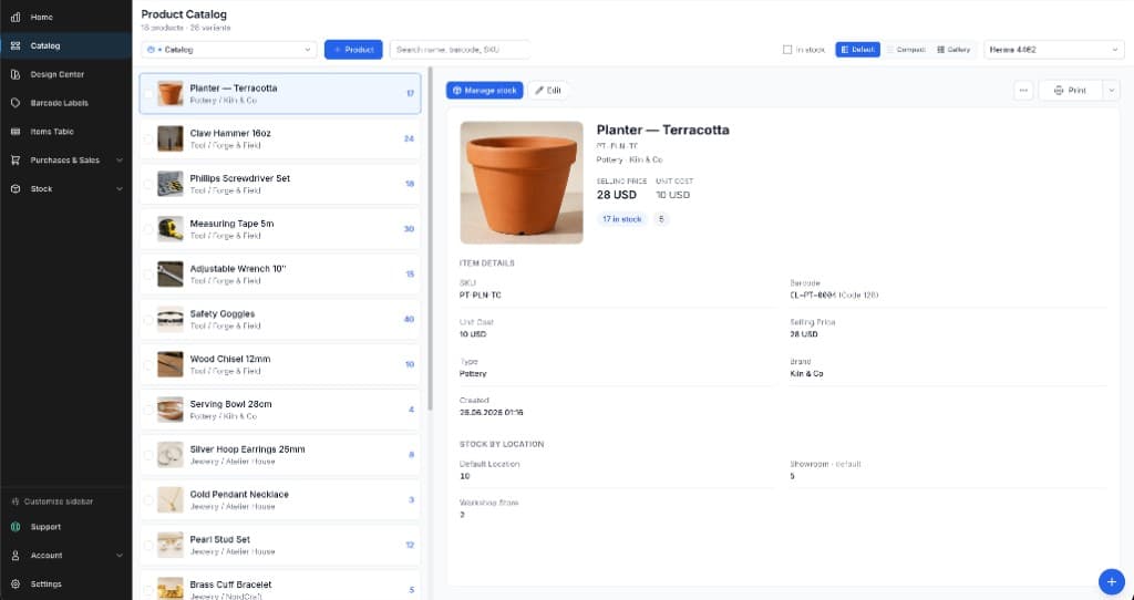 Product catalog with a terracotta planter product card showing price, SKU, barcode, and stock by location