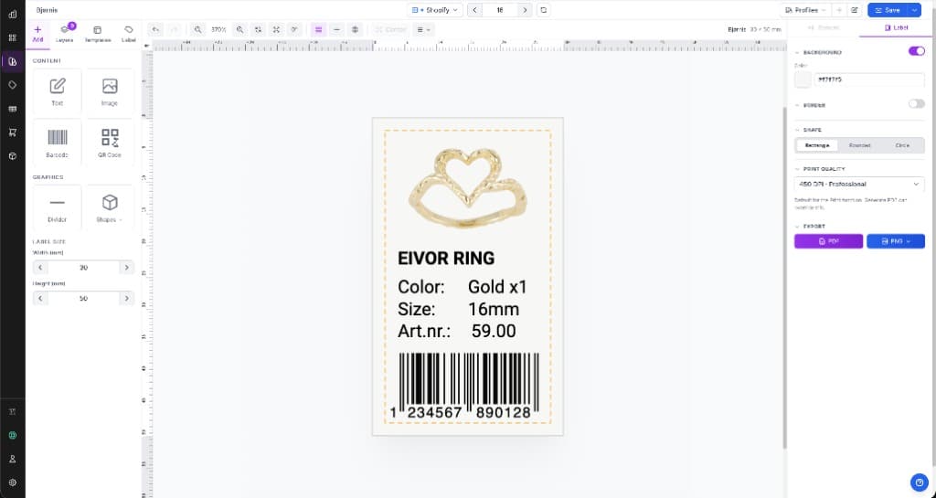 Cloudlabels Design Center with a product label on the canvas — text fields and EAN-13 barcode