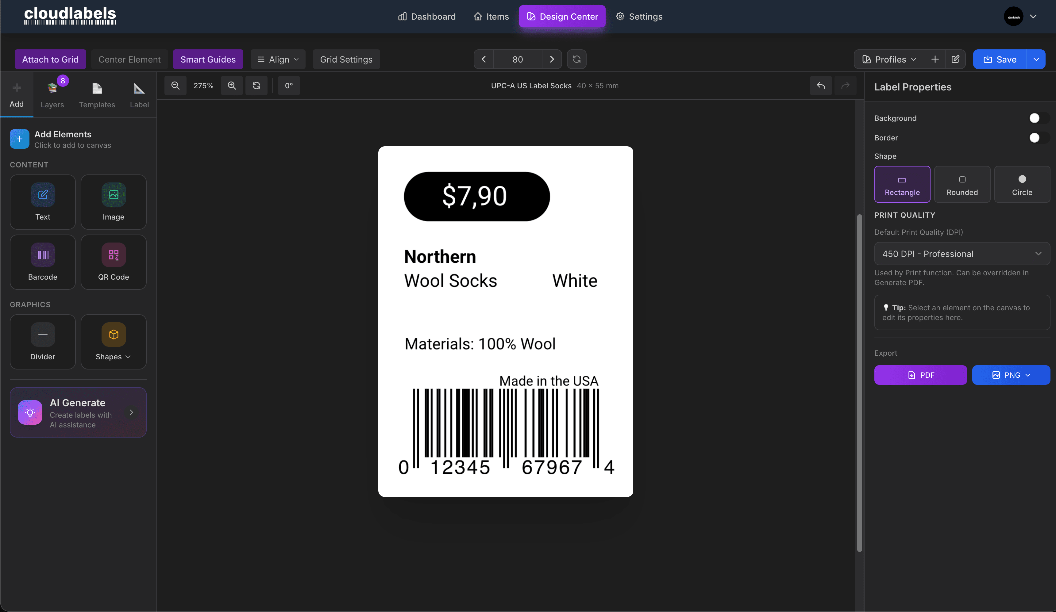 Cloudlabels dark-mode design center with barcode and QR label design