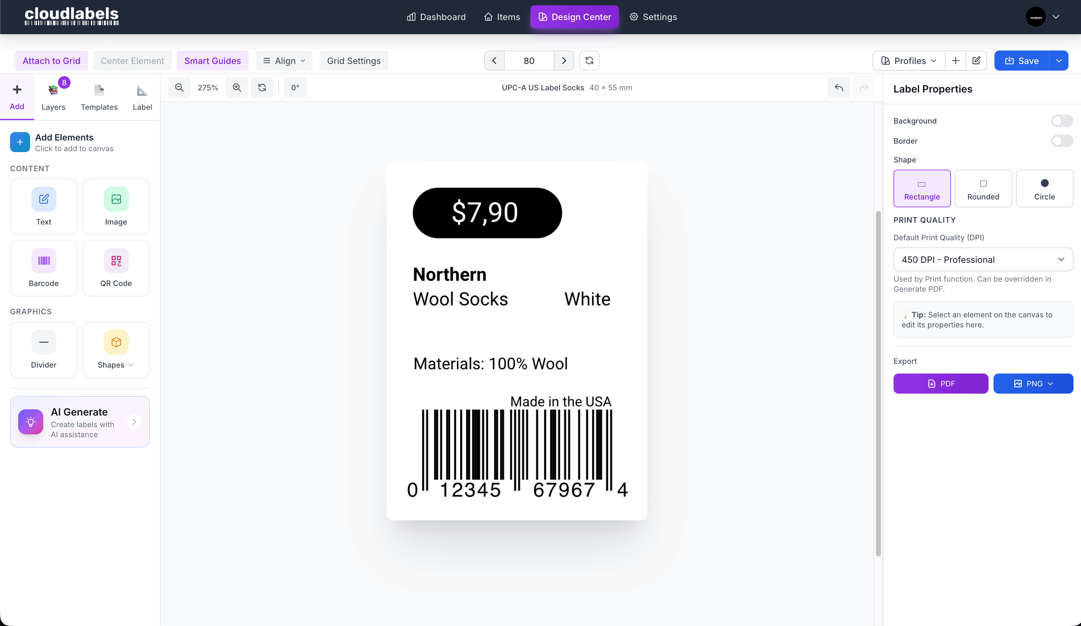 Cloudlabels Design Center — visual drag-and-drop editor with live preview