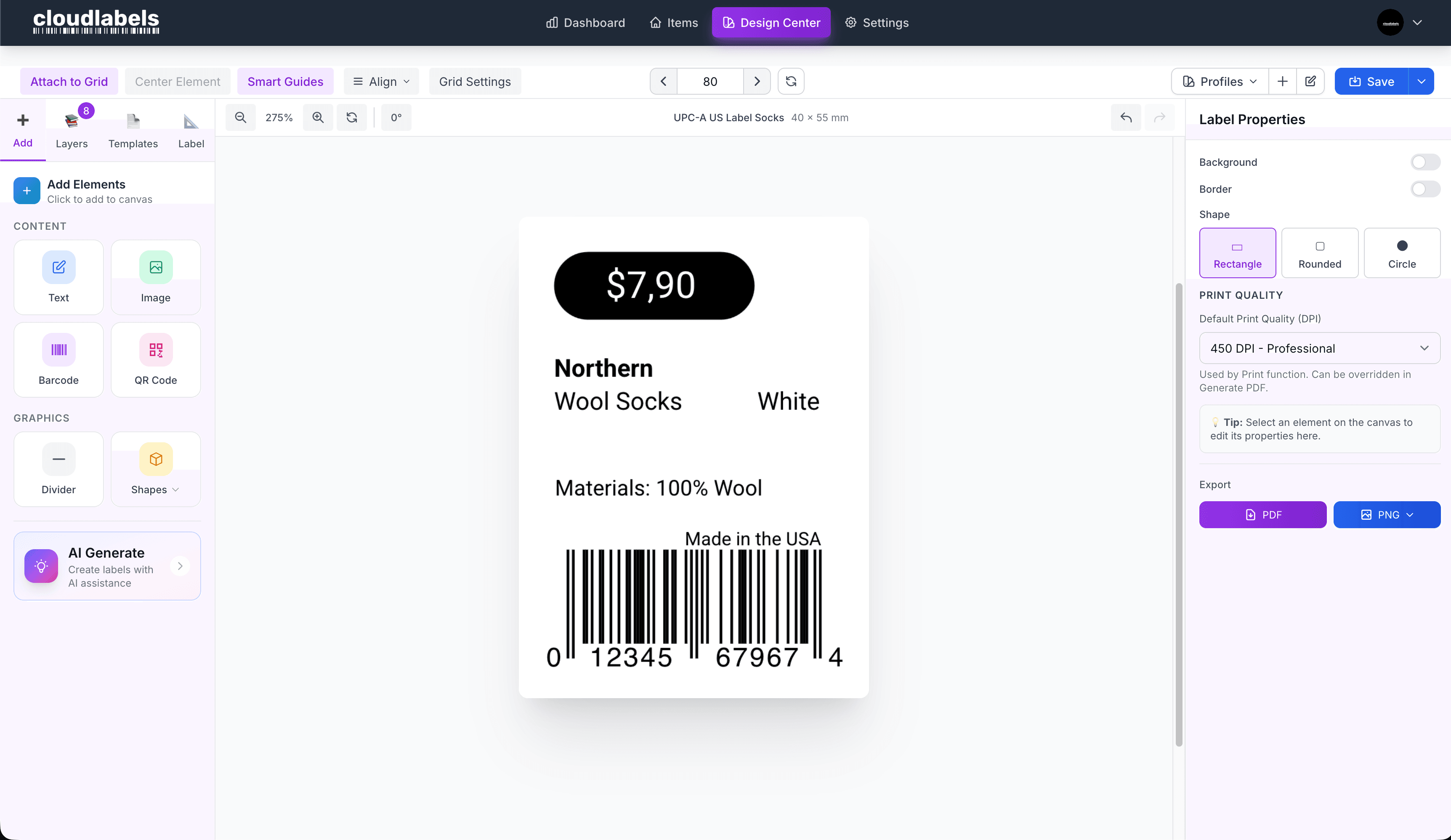 Cloudlabels Design Center — drag-and-drop barcode and QR label designer with live preview