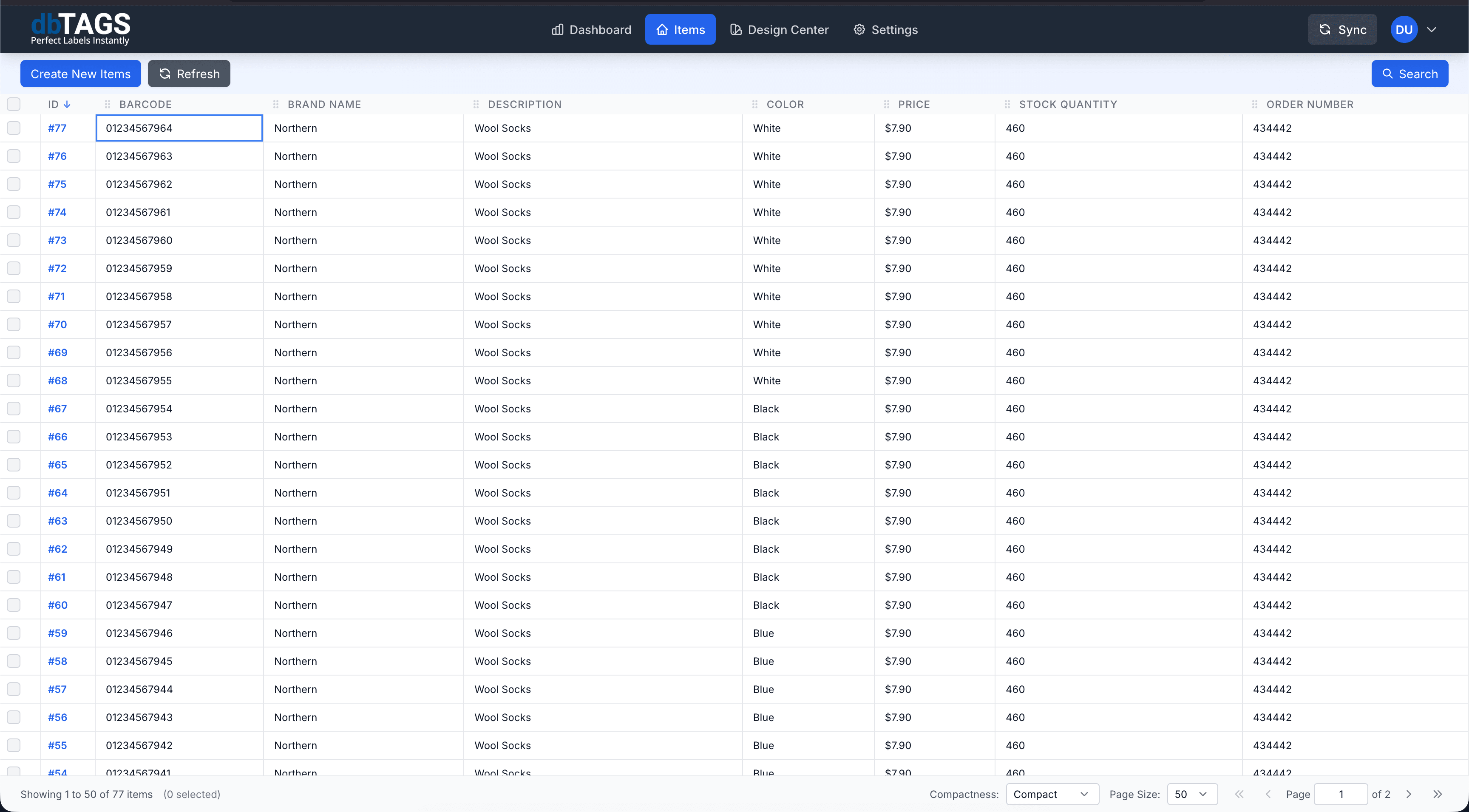 Cloudlabels Item Table - Overview of your inventory data