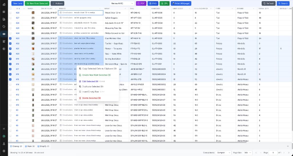 Cloudlabels items table with rows selected and the bulk print menu open