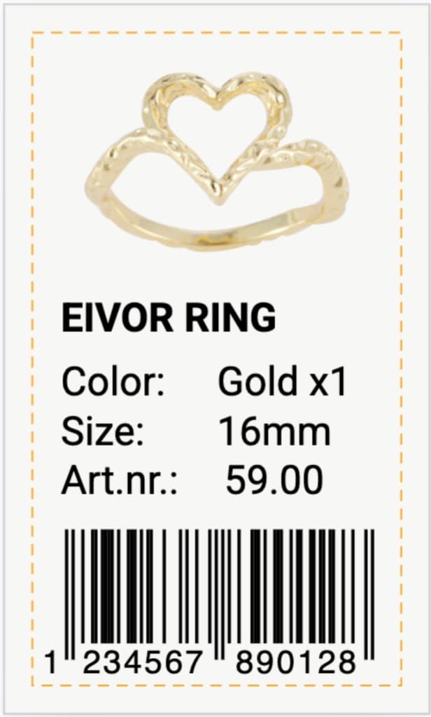 A finished printed product tag — product photo, attributes, and scannable EAN-13 barcode