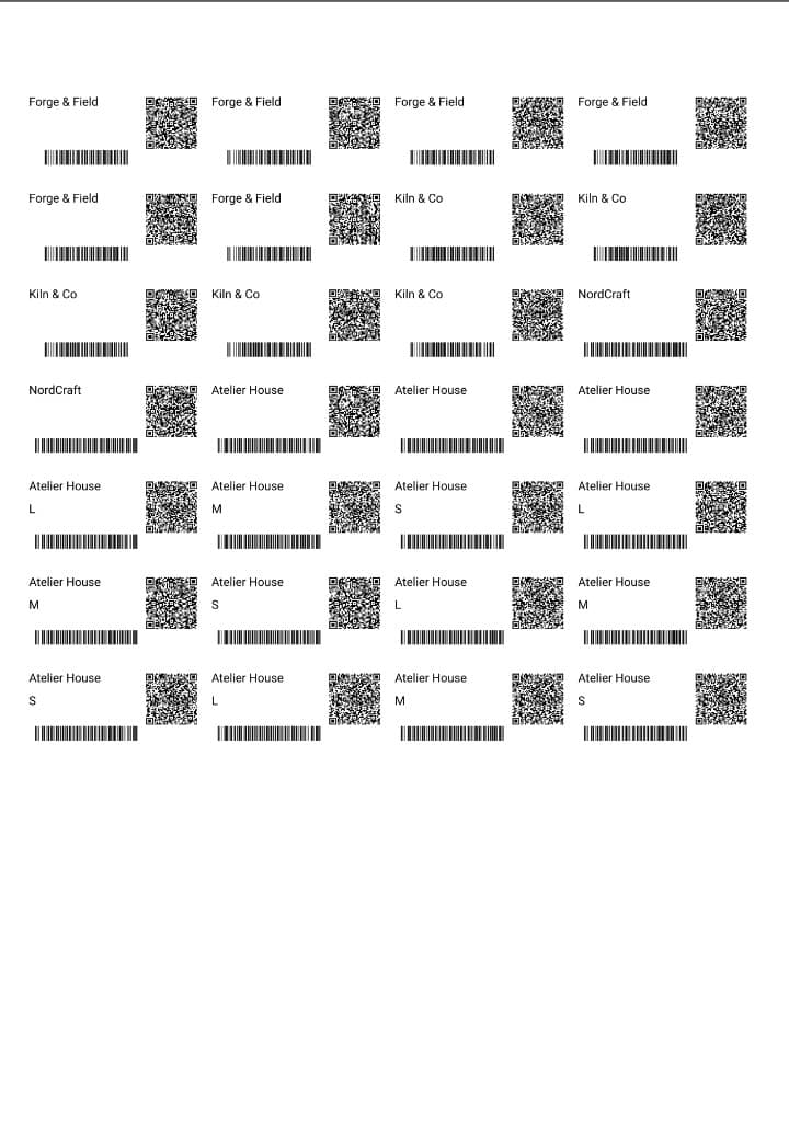 Exported A4 label sheet with QR codes and barcodes aligned to the label grid